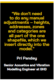 "We don't need to do any manual adjustments - heights, addresses, zones and categories are all part of the one shapefile, which we insert directly into the model." Pri Pandey, Senior Acoustics and Vibration Modelling Engineer at GHD.