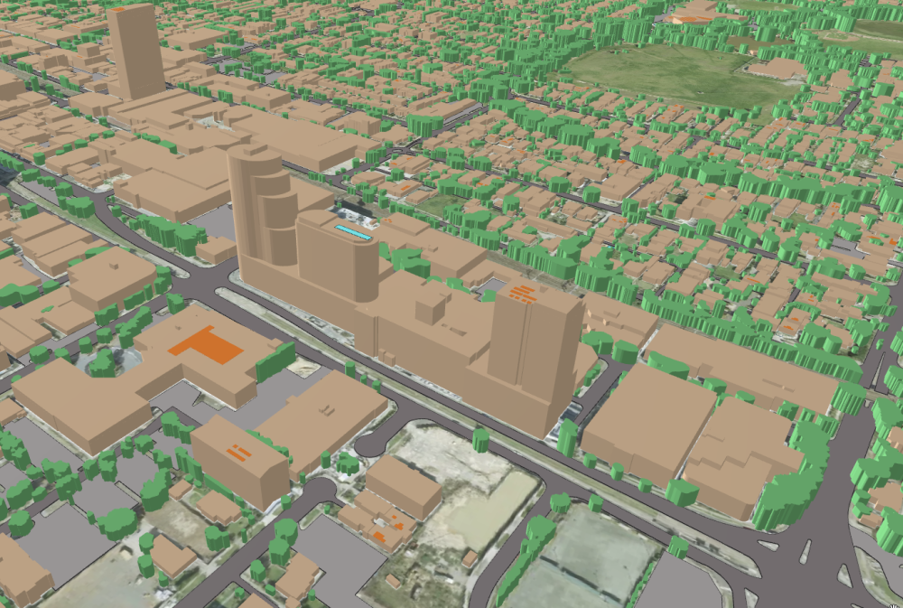 Visualisation of buildings, trees and surface cover data in 3D
