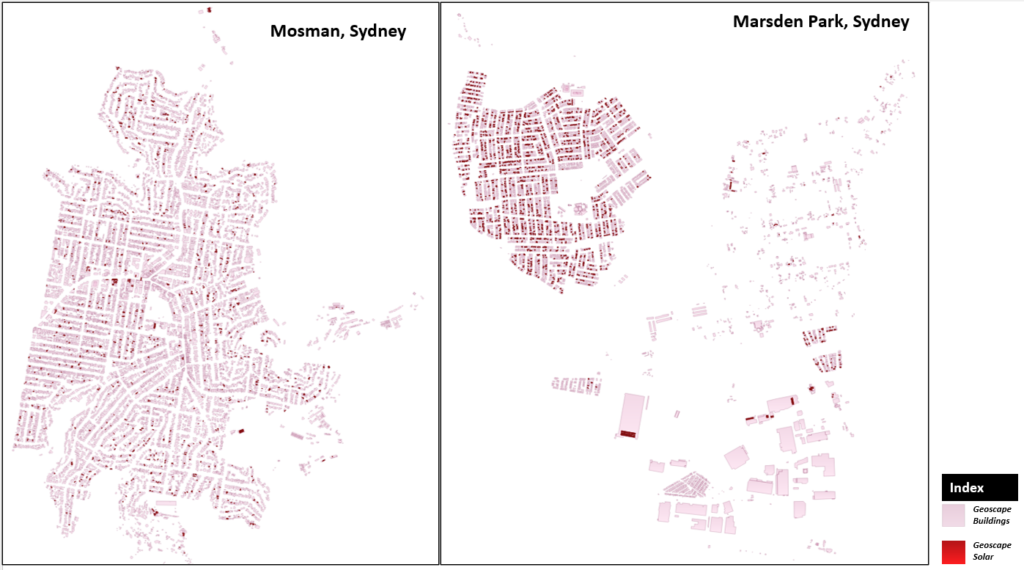 Spatial visualisation of buildings and solar panels indicate high density of PV solar panels in Marsden Park, compared to Mosman