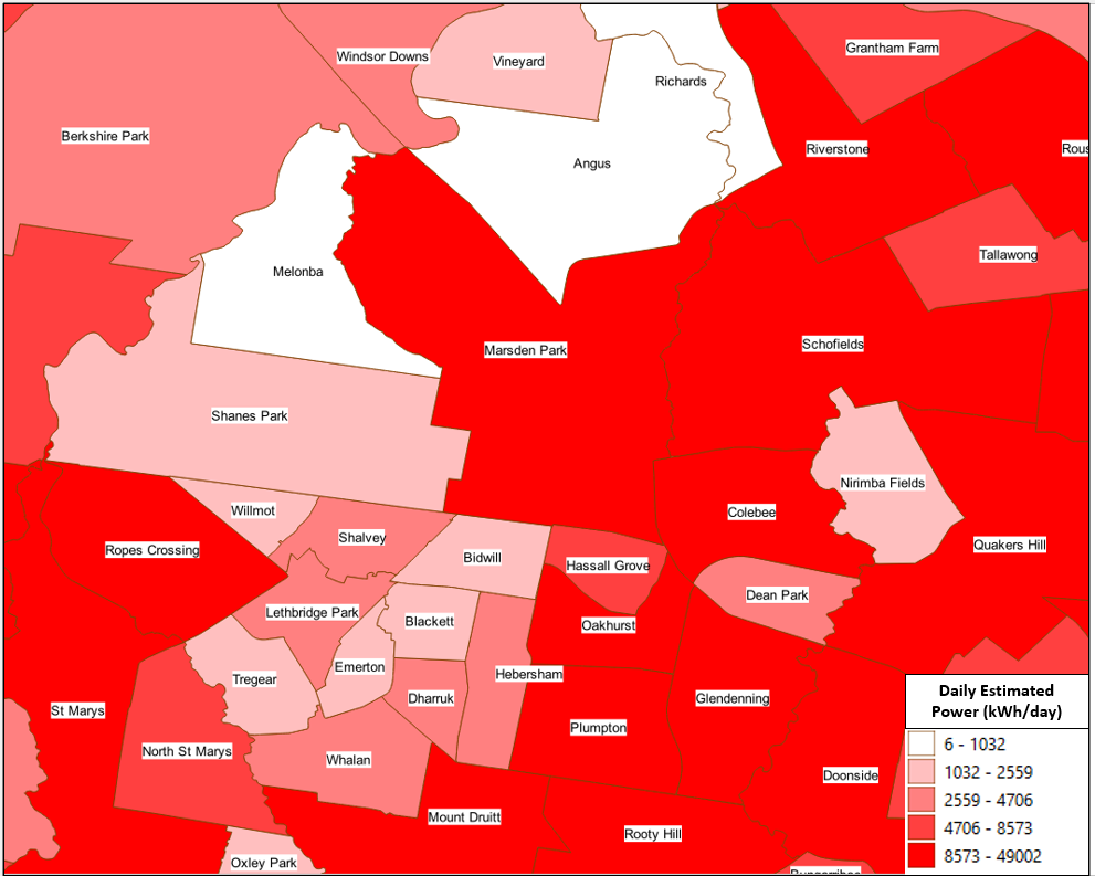 - Closer look at few Western Sydney suburbs; Marsden Park, Schofields, Quaker Hills show higher daily estimated power compared to adjoining suburbs like Melonba (developing site), Shanes Park, Wilmot, Bidwill, Vineyard