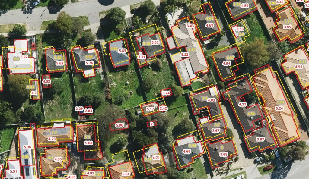 The image depicts the different building heights using Geoscape data and AMX imagery