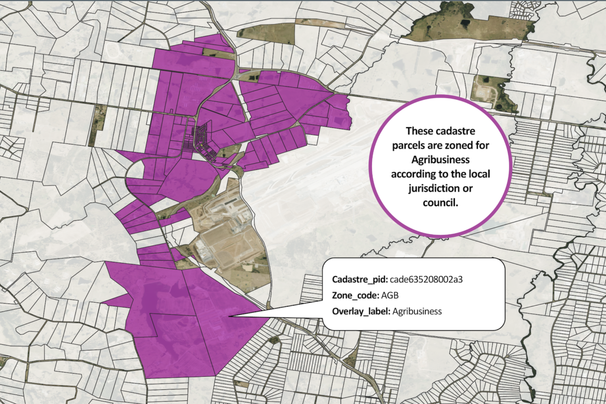 The image depicts sample cadastre and overlay information as part of Geoscape Planning Insights data.