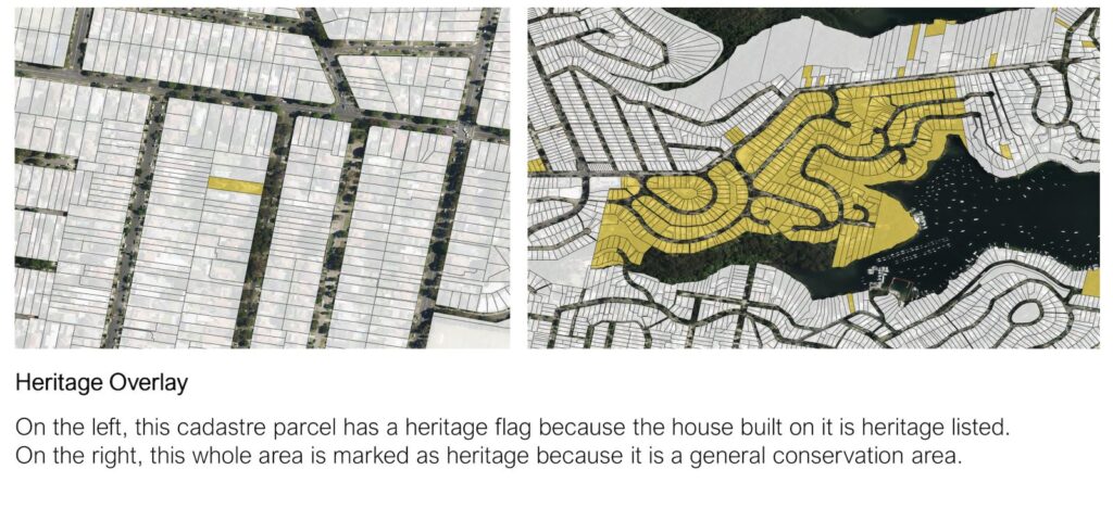 The image depicts the heritage overlay as a part of the Geoscape cadastre parcel data.